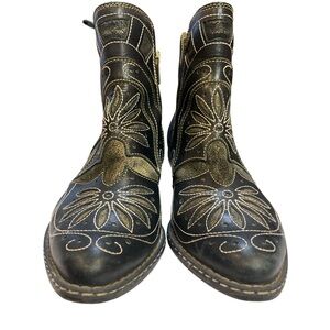 Pikolinos Black and Gold Embroidered Ankle Boots Size 8.5